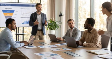 Verkaufstrainer steht vor Präsentationsscreen mit Sales-Funnel und leitet eine Gruppe von Vertriebsprofis im modernen Schulungsraum an.