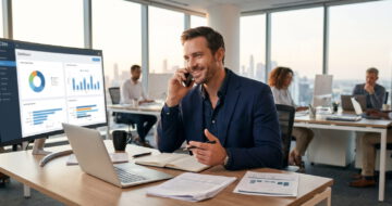 Vertriebsmitarbeiter im Blazer führt lächelnd ein Kundengespräch am Telefon mit CRM-Dashboard auf dem Monitor im modernen Open-Space-Büro.