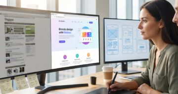 Web-Designer-Team vergleicht alte und neue Website auf zwei Monitoren – Wireframes und Grafiktablett beim Website-Relaunch-Projekt.